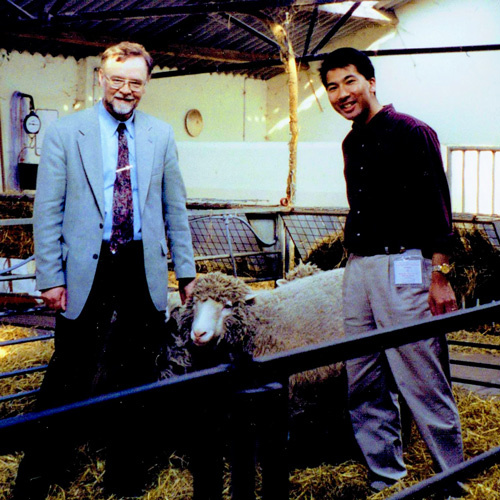 Dolly the sheep and Professor Sharp with Ray Liu at the Roslin Institute, Edinburgh, 2002